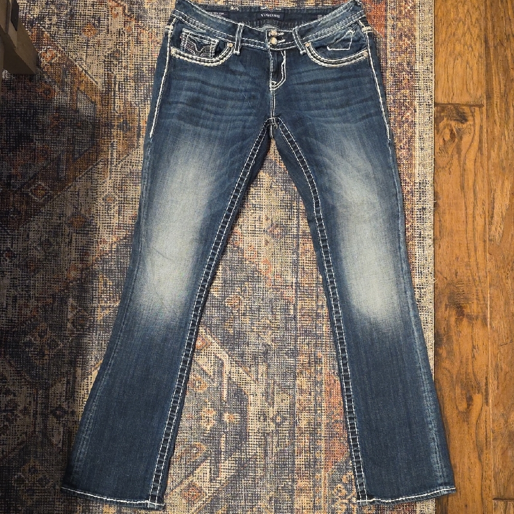 Vigoss New York Faded Dark Blue SlimBoot Cut Jeans with White Contrast Stitching